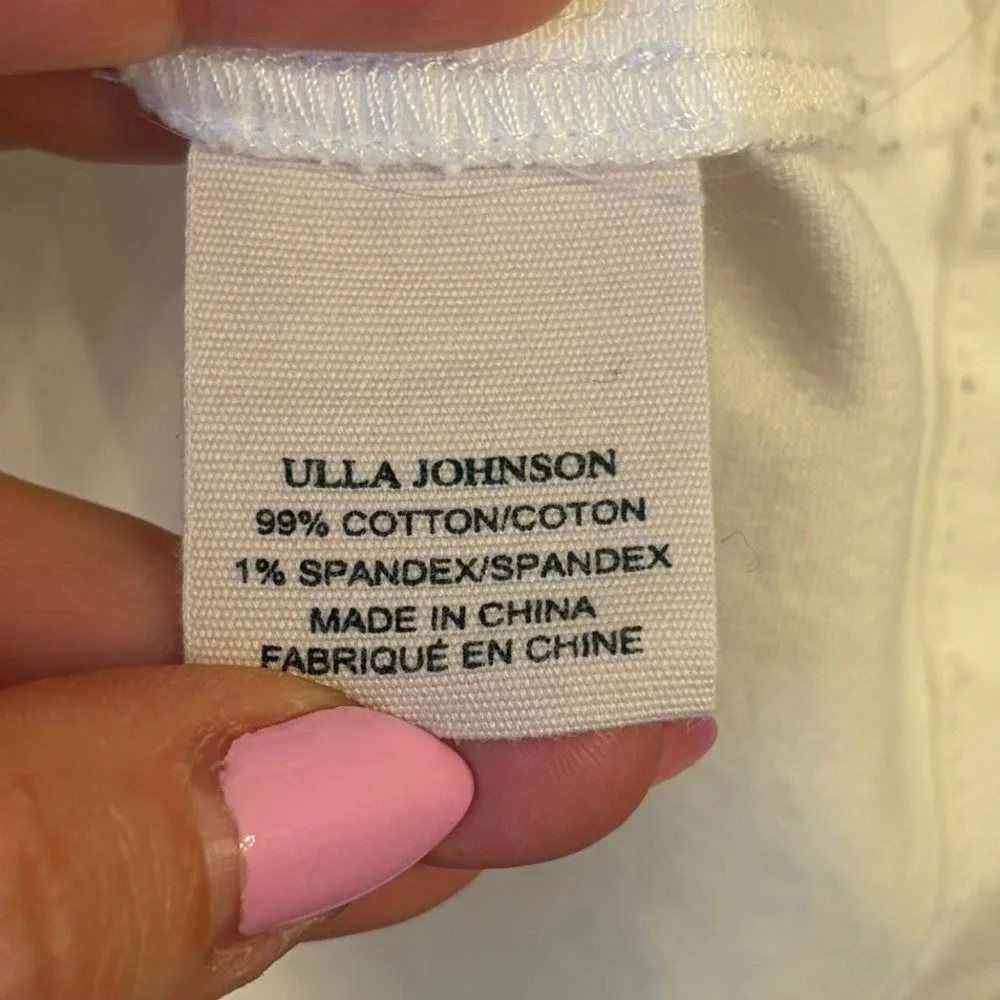 Ulla Johnson Finn Blouse Top 10 White Denim Puff Sleeve Contrast Stitch Minimal